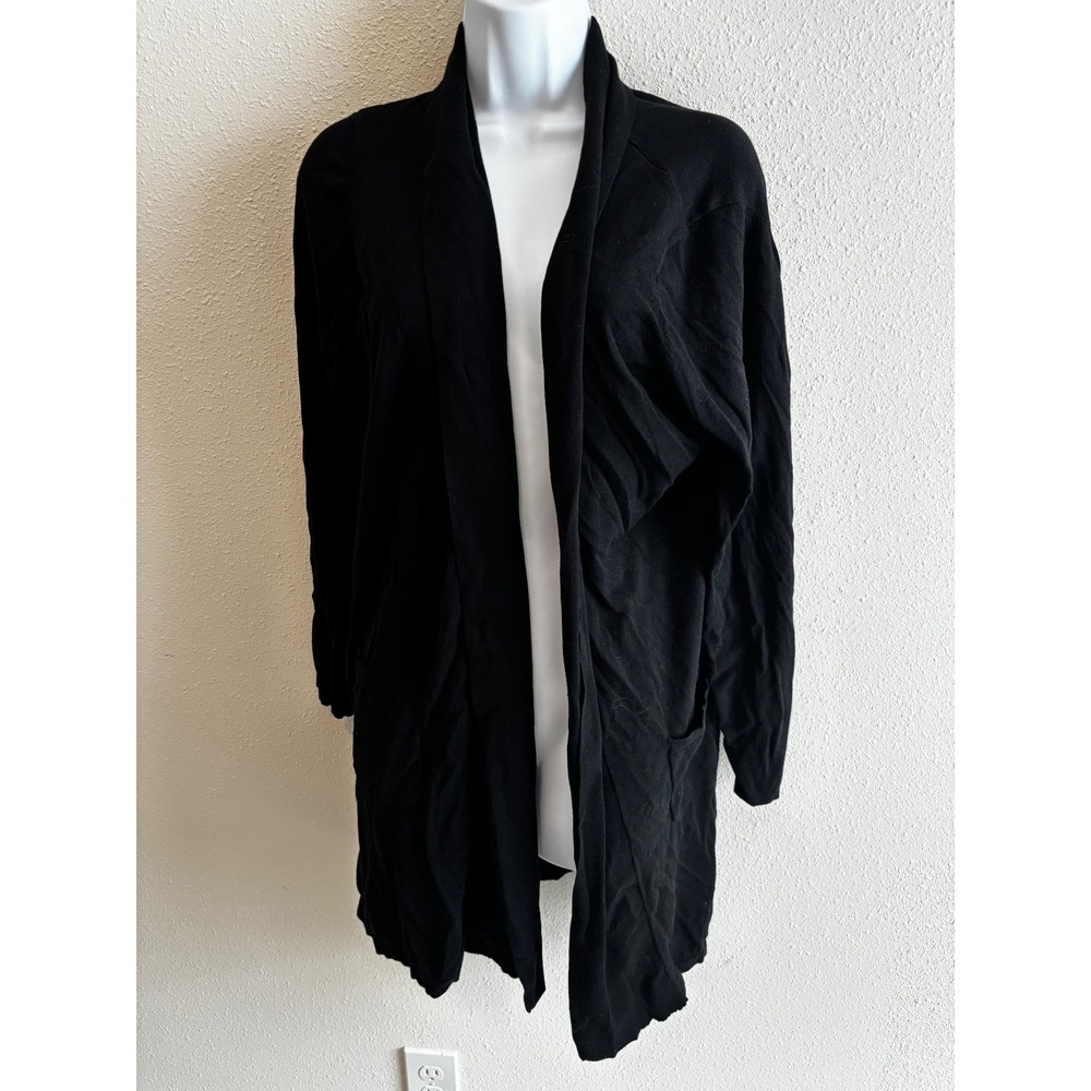 August Silk Cardigan Women XL Black Open Front Long Sleeve Knit Sweater Pocket